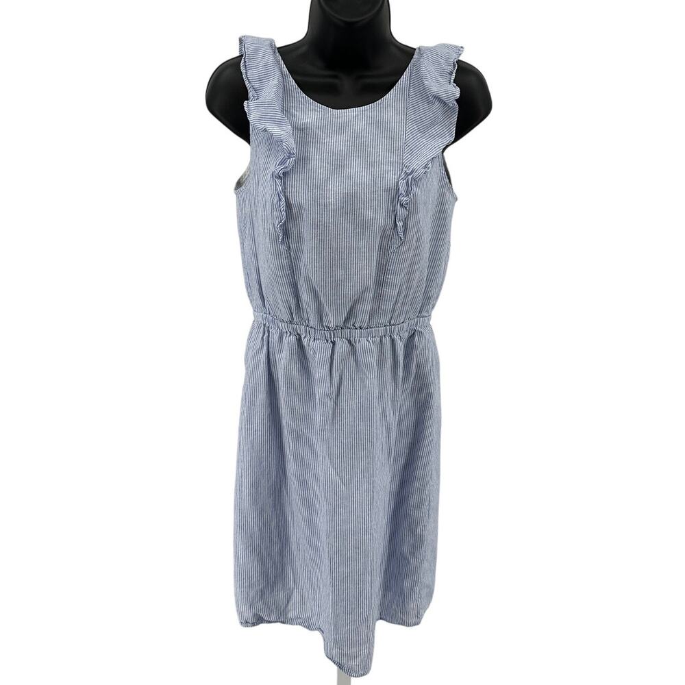 J.Crew Mini Dress Womens 2 Ruffle-Shoulder Blue White Striped Linen Cotton Lined